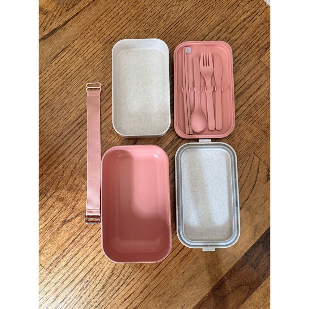 Our Place The Lunchbox Layered Rose Pink and Gray with Silverware